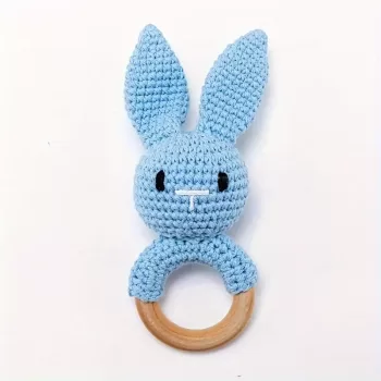 Hand made rabbit rattle-blue